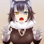  animal_ears black_hair blue_eyes claw_pose commentary_request eyebrows_visible_through_hair fangs fur_collar gloves grey_wolf_(kemono_friends) heart heterochromia highres kemono_friends long_hair long_sleeves looking_at_viewer multicolored_hair necktie open_mouth simple_background solo teeth tongue two-tone_hair upper_body watarui white_gloves white_hair wolf_ears wolf_girl yellow_eyes 