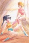  80s aqua_eyes arm_support ayukawa_madoka black_hair blue_eyes fingerless_gloves gloves hand_on_own_knee highres hiyama_hikaru kimagure_orange_road leggings leotard long_hair midriff multiple_girls official_art oldschool on_floor open_toe_shoes orange_hair parted_lips ponytail shoes sitting suspenders takada_akemi traditional_media watercolor_(medium) 