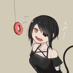  amputee bandages bare_shoulders doughnut eyepatch food highres kasagarasu open_mouth orange_eyes original simple_background slit_pupils solo sumi_elias tail 