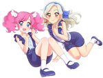  :d aikatsu! aikatsu!_(series) amahane_madoka bangs bare_arms blue_eyes blue_footwear blue_shorts blush closed_mouth commentary eyebrows_visible_through_hair full_body grey_hair hand_on_own_chest hands_on_own_chest highres kurosawa_rin_(aikatsu!) legs_together long_hair looking_at_viewer mary_janes medium_hair multicolored_hair multiple_girls open_mouth parted_bangs pink_hair sekina shirt shoes shorts simple_background smile socks streaked_hair suspender_shorts suspenders twintails white_background white_legwear white_shirt wing_hair_ornament yellow_eyes 