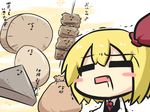  =_= blush_stickers chibi comic commentary_request drooling egg fang food goma_(gomasamune) hair_ribbon highres long_sleeves necktie oden open_mouth ribbon rumia shirt short_hair sparkle touhou translation_request trembling vest white_shirt 