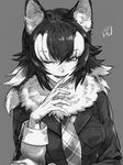  animal_ears commentary gloves grey_wolf_(kemono_friends) greyscale grin highres kemono_friends looking_at_viewer monochrome multicolored_hair necktie plaid shiba_itsuki signature smile two-tone_hair 