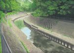  commentary_request day fence forest graphite_(medium) grass highres nature no_humans outdoors photo-referenced plant reflection river scenery traditional_media tree wall watercolor_(medium) yukko_(shirokopa) 