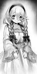  blush bow braid cowboy_shot dress female_my_unit_(fire_emblem_if) fire_emblem fire_emblem_if frilled_dress frills greyscale hair_between_eyes hair_bow hair_ornament hairband long_hair looking_at_viewer monochrome my_unit_(fire_emblem_if) negiwo pointy_ears red_eyes smile standing twin_braids twitter_username two-tone_background wide_sleeves 