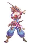 boots bracer brown_hair fur_trim haccan headband looking_at_viewer male_focus official_art open_mouth poncho randi scabbard seiken_densetsu seiken_densetsu_2 sheath simple_background sleeveless smile solo spiked_hair square_enix sword weapon white_background 