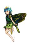  antennae bare_arms bare_legs barefoot blue_hair brown_eyes butterfly_wings dress eternity_larva fingernails full_body green_dress highres ichi_ran leaf leaf_on_head looking_at_viewer short_dress short_hair smile solo toenails touhou transparent_background wings 