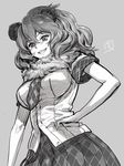  breasts commentary fluffy greyscale hand_on_hip highres kemono_friends large_breasts lion_(kemono_friends) looking_at_viewer monochrome necktie shiba_itsuki short_sleeves signature skirt smile 