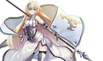  armor armored_dress blonde_hair blue_eyes breasts capelet chain dhfz181 fate/apocrypha fate/grand_order fate_(series) faulds flag fur_trim gauntlets headpiece jeanne_d'arc_(fate) jeanne_d'arc_(fate)_(all) large_breasts looking_at_viewer plackart simple_background solo thighhighs white_background 