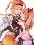  apsaras_(granblue_fantasy) bare_shoulders black_gloves blonde_hair bloomers blush bow breast_grab breasts bridal_gauntlets detached_sleeves djeeta_(granblue_fantasy) gloves grabbing granblue_fantasy hair_bow hat medium_breasts mikan-uji multiple_girls open_mouth ponytail red_eyes underwear vira_lilie yuri 