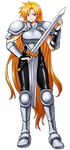  1girl armor blonde_hair blue_eyes janne_d&#039;arc leather leather_pants long_hair neo_geo skirt sword very_long_hair world_heroes 