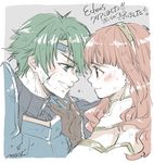  1girl alm_(fire_emblem) armor blue_armor blush cape celica_(fire_emblem) couple dress fire_emblem fire_emblem_echoes:_mou_hitori_no_eiyuuou green_eyes green_hair hand_on_another's_chin headband hetero kizuki_miki long_hair red_eyes red_hair short_hair smile strapless strapless_dress tiara wavy_hair white_dress 