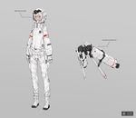  astronaut astronaut_helmet bangs boots brown_eyes chart closed_mouth commentary english full_body gloves grey_background jetpack looking_at_viewer neco original sidelocks simple_background solo spacesuit standing white_gloves white_hair 