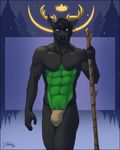  2017 5_fingers abs anthro antlers black_hair black_nose black_skin blue_eyes cervine clothing deer feralise forest green_skin hair horn king loincloth looking_at_viewer male mammal multicolored_skin muscular muscular_male night royalty snow snowing solo spirit standing tree two_tone_skin underwear walking_stick 