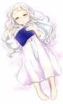  aikatsu! aikatsu!_(series) bangs barefoot blunt_bangs blush book closed_eyes commentary dress from_above full_body highres holding holding_book long_hair long_sleeves lying nightgown on_back open_book parted_lips sekina simple_background sleeping solo toudou_yurika white_background white_dress white_hair younger 
