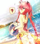  ? ass ball beach beachball bikini day fate/grand_order fate_(series) long_hair looking_at_viewer ocean red_eyes red_hair red_scrunchie satoimo_(3311_mi) scrunchie sita_(fate/grand_order) smile spoken_question_mark swimsuit twintails wrist_scrunchie 