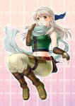  :o bare_shoulders blush boots checkered checkered_background fingerless_gloves fire_emblem fire_emblem:_akatsuki_no_megami gloves hair_ribbon half_updo long_hair looking_at_viewer micaiah midriff navel open_mouth pants ribbon scarf silver_hair sleeveless solo sothe soyo2106 yellow_eyes 