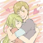  1girl alphonse_elric blue_shirt blush closed_eyes fullmetal_alchemist happy heart hug kiame long_hair long_sleeves looking_at_viewer lowres pink_background pink_shirt shirt short_hair simple_background smile winry_rockbell yellow_eyes 