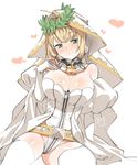  belt blonde_hair blush breasts bridal_veil chain_necklace cleavage commentary_request detached_sleeves elbow_gloves fate/extra fate_(series) gloves green_eyes heart large_breasts laurel_crown leotard lock looking_at_viewer nero_claudius_(bride)_(fate) nero_claudius_(fate)_(all) rkrk thighhighs veil white_sleeves 