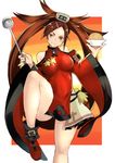  bare_shoulders breasts brown_eyes brown_hair china_dress chinese_clothes detached_sleeves dress guilty_gear guilty_gear_xrd gukurosawa01 hair_ornament hairclip highres kuradoberi_jam large_breasts long_hair looking_at_viewer skirt smile solo very_long_hair 