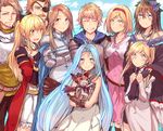  6+girls ^_^ ahoge armor bare_shoulders beard blonde_hair blue_eyes blue_hair bow brown_hair cigarette closed_eyes crossed_arms djeeta_(granblue_fantasy) dragon dress eugen_(granblue_fantasy) eyepatch facial_hair flower gauntlets gran_(granblue_fantasy) granblue_fantasy grin hair_bow hair_flower hair_ornament hair_ribbon hug hug_from_behind io_euclase katalina_aryze long_hair looking_at_viewer lyria_(granblue_fantasy) mikan-uji multiple_boys multiple_girls mustache orange_eyes pink_dress ponytail rackam_(granblue_fantasy) ribbon rosetta_(granblue_fantasy) short_hair smile twintails vee_(granblue_fantasy) vira_lilie white_dress yellow_eyes 