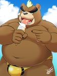  2017 anthro ashigara bear bulge clothing dessert food ice_cream male mammal slightly_chubby solo swimsuit tokyo_afterschool_summoners 