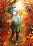  alternate_costume autumn autumn_leaves black_legwear blue_eyes breasts contemporary contrapposto cross-laced_footwear dappled_sunlight day foreshortening forest from_above full_body green_ribbon green_skirt hair_ribbon holding holding_leaf jacket konpaku_youmu kz_nagomiya leaf long_sleeves looking_to_the_side maple_leaf nature outdoors pantyhose ribbon shadow shirt shoes short_hair silver_hair skirt small_breasts smile sneakers solo standing sunlight sweater_jacket touhou white_shirt 