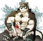  2017 5_fingers abs anthro balls black_fur black_nose blush canine chest_tuft clothing erection fur headband hi_res horkeukamui humanoid_penis kemono legwear loincloth loincloth_aside male mammal multicolored_fur one_eye_closed penis precum sitting solo tokyo_afterschool_summoners tuft vambrace vein white_fur wolf wulfer-shepherd yellow_eyes 