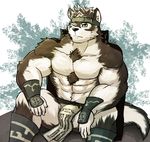  2017 5_fingers anthro barely_visible_genitalia bulge canine clothing hi_res horkeukamui kemono loincloth male mammal muscular one_eye_closed simple_background sitting solo subtle_penis tokyo_afterschool_summoners wolf wulfer-shepherd 