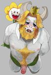  abs anthro asgore_dreemurr barazoku beard blush body_hair caprine chest_hair circumcised crown duo erection facial_hair flora_fauna flowey_the_flower goat hairy hands_behind_back hi_res high-angle_view humanoid_penis kneeling liteu looking_up male mammal nipples open_mouth pecs penis plant pubes restrained sharp_teeth size_difference small_dom_big_sub solo_focus teeth tentacles undertale video_games 