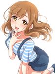  bangs between_breasts blue_footwear blue_shirt blue_shorts blush breasts brown_hair commentary_request eyebrows_visible_through_hair feet_out_of_frame hand_to_own_mouth highres kunikida_hanamaru light_brown_eyes long_hair looking_at_viewer love_live! love_live!_sunshine!! medium_breasts parted_lips sekina shirt shoes short_sleeves shorts simple_background sketch smile solo striped striped_shirt suspender_shorts suspenders white_background white_legwear 