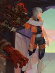  1girl belt blood bracelet earrings geolim gloves grey_eyes grey_hair holding holding_staff jewelry looking_to_the_side medium_hair original scratches signature skull staff wings 