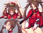  :&gt;= bar_censor bare_shoulders blush boots breasts brown_eyes brown_hair censored cheek_bulge china_dress chinese_clothes cum detached_sleeves double_v dress fellatio guilty_gear guilty_gear_xrd hair_ornament highres kuradoberi_jam large_breasts long_hair negresco oral panties penis skirt underwear v very_long_hair 