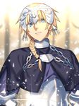  armor bangs blonde_hair blue_capelet blue_eyes blurry blurry_background braid capelet chain fate/apocrypha fate_(series) genderswap genderswap_(ftm) hair_over_shoulder headpiece jeanne_d'arc_(fate) jeanne_d'arc_(fate)_(all) light_particles looking_at_viewer looking_away male_focus parted_lips seseragi_azuma single_braid solo standing upper_body 