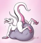  2017 belly big_belly butt digestion female feral forceswerwolf looking_at_viewer nintendo open_mouth paws pok&eacute;mon pussy raised_tail salazzle shiny_pok&eacute;mon simple_background solo tongue tongue_out video_games vore 