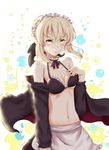  absurdres alternate_costume apron artoria_pendragon_(all) artoria_pendragon_(swimsuit_rider_alter) bare_shoulders bikini black_ribbon blonde_hair blush breasts choker cleavage commentary_request d: enmaided fate/grand_order fate_(series) ge_ma groin hair_ribbon hand_on_own_chest highres lace lace_choker long_hair looking_at_viewer maid maid_apron medium_breasts navel off_shoulder open_mouth ribbon ribbon_choker swimsuit v-shaped_eyebrows 