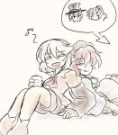  2others ^_^ adagumo_no_yaorochi alcohol androgynous annoyed apron arrow_(symbol) ascot back-to-back bad_id bad_pixiv_id black_kimono black_shorts blue_kimono boots brown_ascot brown_boots brown_coat brown_hakama brown_helmet closed_eyes closed_mouth coat collared_coat cowboy_shot cup dot_nose drink drinking_glass drunk enraku_tsubakura eye_of_senri frilled_apron frills full_body hair_between_eyes hakama hakama_short_skirt hakama_skirt happy helmet holding holding_drink houlen_yabusame image_sample jandare japanese_clothes katano_sukune kimono knees_up lapels layered_sleeves len'en licking_lips long_sleeves medium_hair multiple_others musical_note notched_lapels open_mouth other_focus pixiv_sample puffy_short_sleeves puffy_sleeves red_hair sake shadow short_kimono short_over_long_sleeves short_sleeves shorts simple_background sitting skirt sleeves_past_wrists smile speech_bubble spoken_character spoken_musical_note tongue tongue_out waist_apron white_apron white_background white_hair wide_sleeves 