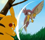  2009 back_markings beak brown_feathers clenched_teeth digital_drawing_(artwork) digital_media_(artwork) dipstick_ears duo farfetch&#039;d feathers fight forehead_marking fur grass holding_object leek low-angle_view low_res markings nintendo oekaki outside pikachu pok&eacute;mon red_cheeks shiny_pok&eacute;mon signature sklavenbrause sky sparkles tears teeth tree video_games whack yellow_beak yellow_fur 