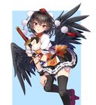  bad_id bad_nicoseiga_id bangs between_breasts black_hair black_legwear black_skirt black_wings blue_background breasts cibo_(killy) cleavage feathered_wings geta hat large_breasts looking_at_viewer miniskirt pointy_ears puffy_short_sleeves puffy_sleeves purple_footwear red_eyes ribbon-trimmed_skirt ribbon_trim shameimaru_aya sheath sheathed shoes short_hair short_sleeves skirt solo sword thighhighs tokin_hat touhou weapon white_background wings wrist_cuffs 