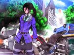  belt black_hair brown_eyes car car_crash city cloud commentary_request day ground_vehicle highres kantai_collection long_sleeves motor_vehicle nachi_(kantai_collection) pantyhose ponytail remodel_(kantai_collection) skirt tree 