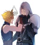  2boys aqua_eyes armor belt belt_buckle black_belt black_coat black_gloves blonde_hair blue_shirt brown_belt brown_gloves buckle chest_strap closed_eyes closed_mouth cloud_strife coat commentary final_fantasy final_fantasy_vii final_fantasy_vii_remake gloves grey_hair hair_between_eyes highres kiss kissing_hand long_hair looking_at_another male_focus multiple_boys parted_bangs pauldrons ribbed_shirt sephiroth shirt short_hair shoulder_armor sleeveless sleeveless_turtleneck spiked_hair suspenders symbol-only_commentary turtleneck twitter_username upper_body white_background yaoi yunyunonigiri 