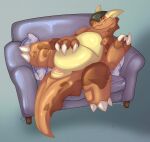 claws digital_media_(artwork) feet female furniture generation_1_pokemon genitals hi_res kangaskhan lying nintendo nude pokemon pokemon_(species) red_eyes scales shaded simple_background smile sofa solo tail vaalravn vulva