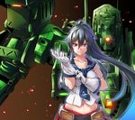  adjusting_clothes adjusting_gloves armored_core bangs belt black_hair breasts chaigidhiell cover_image crossover frown gloves glowing glowing_eye groin hips kantai_collection long_hair looking_at_viewer mecha medium_breasts midriff navel necktie parted_bangs ponytail putting_on_gloves red_eyes red_skirt robot school_uniform serafuku sidelocks skirt sparkle upper_body yahagi_(kantai_collection) 
