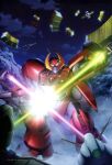  1990s_(style) absurdres angel_halo_(gundam) artist_request battle beam_cannon beam_rifle cable cloud cloudy_sky crossed_swords duel earth_federation energy_beam energy_gun energy_sword fleet flying glowing gottrlatan gun_blastor gundam gundam_perfect_file highres magazine_scan mecha mecha_focus military_vehicle mobile_suit mountain night outdoors painting_(medium) realistic retro_artstyle rig_contio robot scan scene_reference science_fiction sky snow space_habitat spacecraft star_(sky) sword traditional_media v-fin v_gundam victory_gundam weapon zanscare 