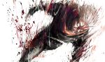 1boy absurdres black_pants blood blood_spray closed_mouth from_above grey_hair highres hood hoodie itadori_yuuji jujutsu_kaisen jujutsu_tech_uniform kyezzzz male_focus pants red_hoodie short_hair simple_background solo standing walking white_background 
