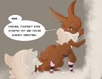  2017 alternate_color blush brown_fur clothed clothing digital_drawing_(artwork) digital_media_(artwork) eevee eeveelution english_text female fur hair laurella_the_eevee legwear mal_the_zigzagoon mammal nintendo pok&eacute;mon pussy_juice semi-anthro simple_background smile speech_bubble stockings text underwear video_games woo zigzagoon 