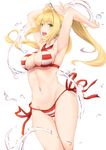  :d ahoge armpits arms_up bangs bikini blonde_hair breasts commentary_request contrapposto cowboy_shot criss-cross_halter eyebrows_visible_through_hair fate/grand_order fate_(series) floating_hair hair_between_eyes hair_intakes halter_top halterneck highres hips large_breasts long_hair looking_at_viewer navel nero_claudius_(fate)_(all) nero_claudius_(swimsuit_caster)_(fate) open_mouth red_bikini side-tie_bikini sidelocks simple_background smile solo standing swimsuit teeth terry_(pixiv3274443) thighs twintails water_drop white_background 