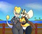  5_fingers anthro arthropod beach bee beverage black_eyes blush breasts coconut dragon female female/female food fruit iguanasarecool insect island jangmo-o nintendo nipples open_mouth outside pok&eacute;mon red_eyes ribombee scaliee scarf sea seaside standing tree video_games water wide_hips wings 