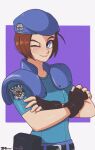  1girl artist_name beret black_gloves blue_hat blue_shirt brown_hair crossed_arms fingerless_gloves gloves hat jeff_miga jill_valentine looking_at_viewer one_eye_closed resident_evil resident_evil_1 shirt signature smile 