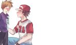  2boys age_difference blue_oak blue_pants blush bracelet brown_hair commentary_request eye_contact hand_in_pocket hat highres jewelry looking_at_another male_focus multiple_boys open_mouth pants pokemon pokemon_rgby pokemon_sm purple_shirt red_(pokemon) red_hat shirt shiruko_(s1ruko) short_hair short_sleeves sweatdrop t-shirt thumbnail_surprise translation_request 