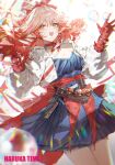  1girl arknights blue_dress breasts cleavage commentary dress earrings gloves haruka_(arknights) highres jacket jewelry long_hair looking_at_viewer medium_breasts onedr open_mouth pointy_ears red_eyes red_gloves red_hair solo white_jacket 